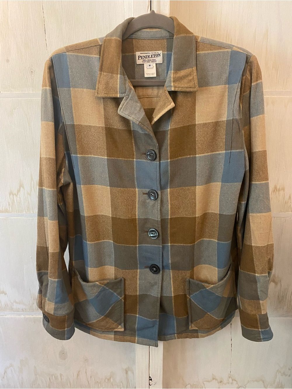 Vtg Pendleton Women’s 49er Medium Blue Plaid Button-Front Wool Jacket Work Chore - Picture 1 of 11
